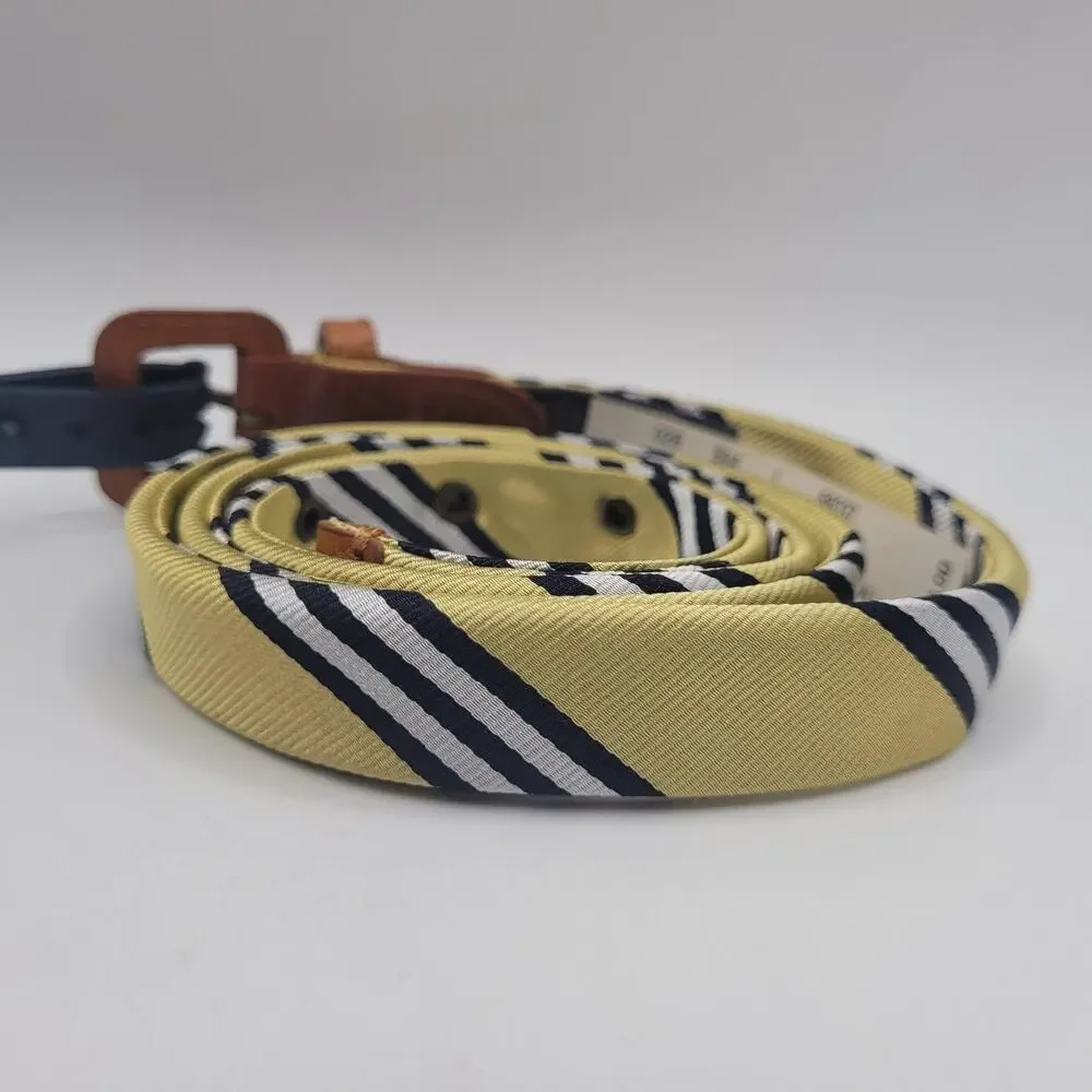 Brooks Brothers Belt Small Yellow Silk Leather Striped Skinny Thin Preppy NEW